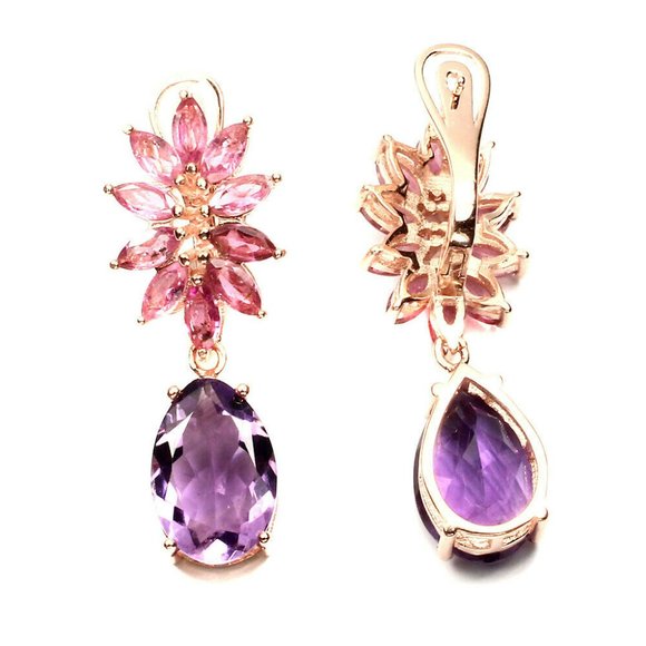Natural Amethyst & Tourmaline Rose Gold on Sterling Silver Earrings & Ring 7.5 - Picture 5 of 15
